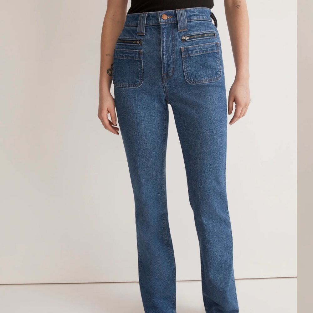 Madewell Womens The Perfect Vintage Flare Classic Blue front pocket Jeans 32 EUC